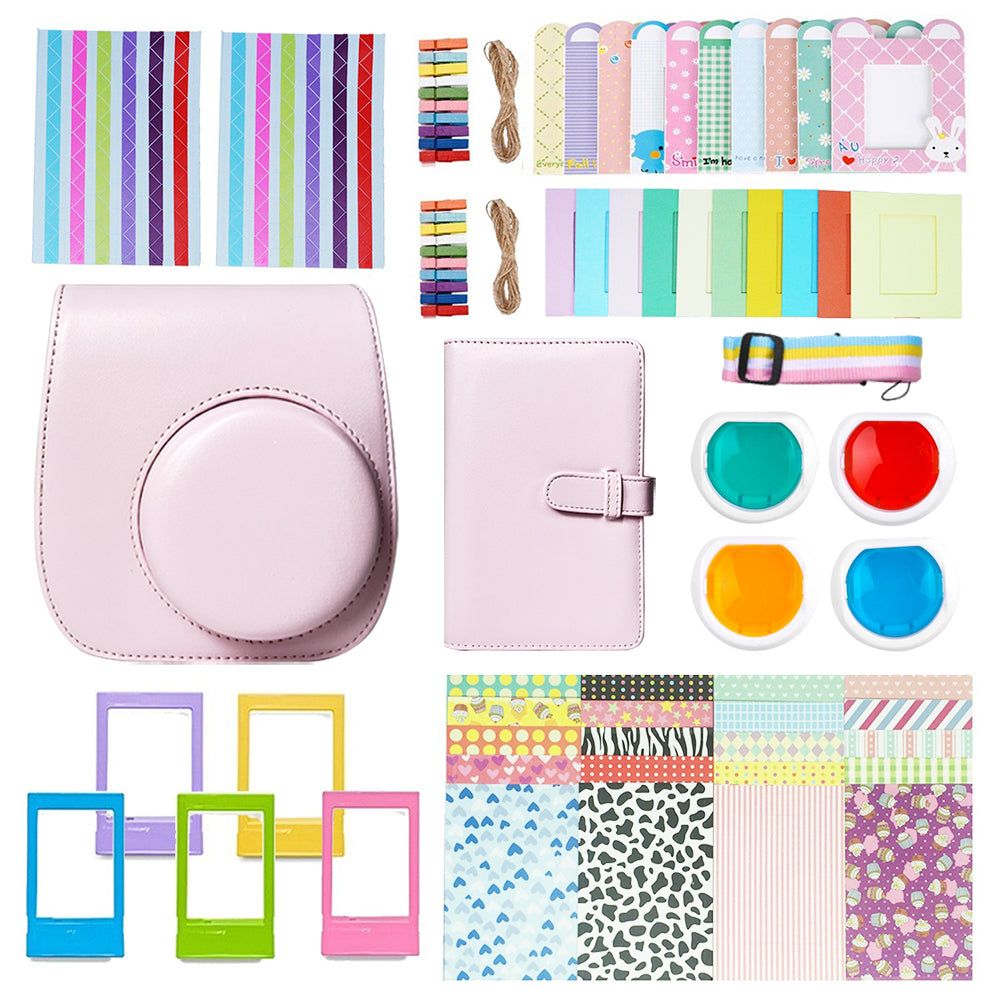 Uniqkart for FujiFilm Instax Mini 12 11-in-1 Accessories Kit Camera Bag Album Photo Frame Stickers Clips Set - Light Pink