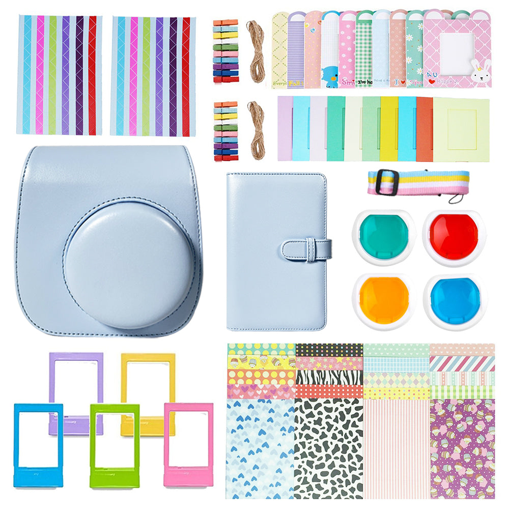 Uniqkart for FujiFilm Instax Mini 12 11-in-1 Accessories Kit Camera Bag Album Photo Frame Stickers Clips Set - Blue