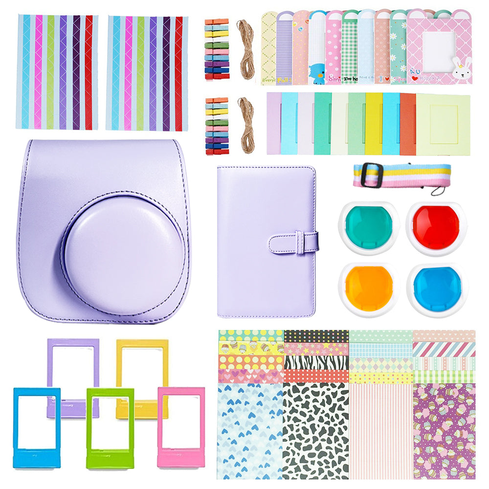 Uniqkart for FujiFilm Instax Mini 12 11-in-1 Accessories Kit Camera Bag Album Photo Frame Stickers Clips Set - Purple