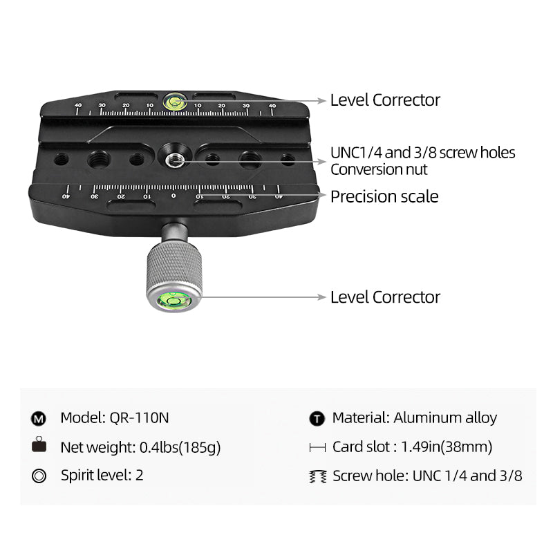 QR-110N Quick Release Tripod Mount Base Gimbal Clamp Adapter with 3x3 / 8inch, 4x1 / 4inch for Universal SLR Camera
