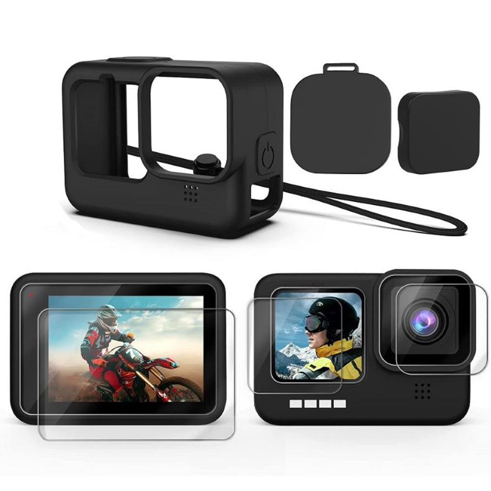 Uniqkart for GoPro Hero 9 / 10 / 11 Camera Soft Silicone Case Protector Body Sleeve Cover + Tempered Glass Screen Film + Lens Cap