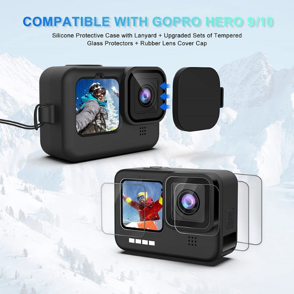 Uniqkart for GoPro Hero 9 / 10 / 11 Camera Soft Silicone Case Protector Body Sleeve Cover + Tempered Glass Screen Film + Lens Cap