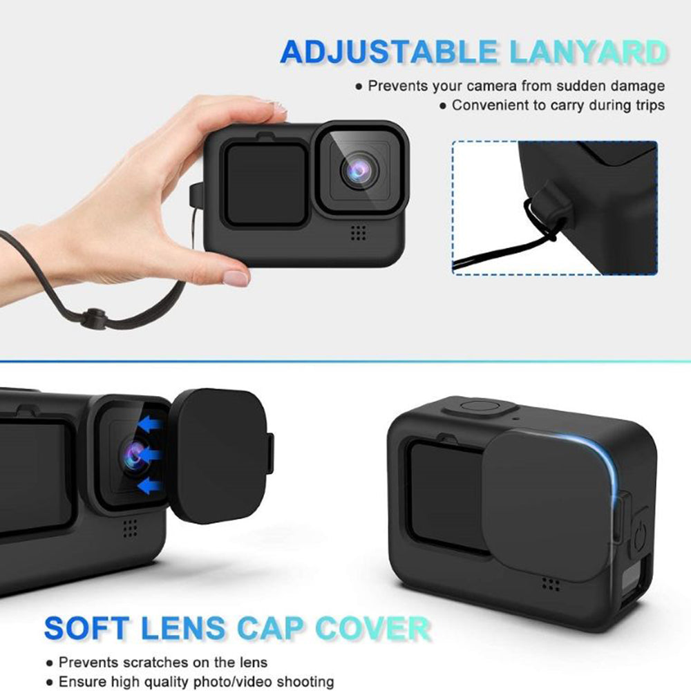 Uniqkart for GoPro Hero 9 / 10 / 11 Camera Soft Silicone Case Protector Body Sleeve Cover + Tempered Glass Screen Film + Lens Cap