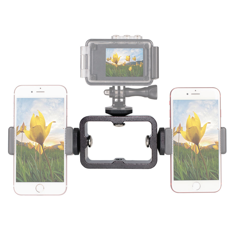 E038 3-Head Cell Phone Mount Adapter Aluminum Alloy Light Action Camera Holder for Tripod, Live Streaming Photography Accessories