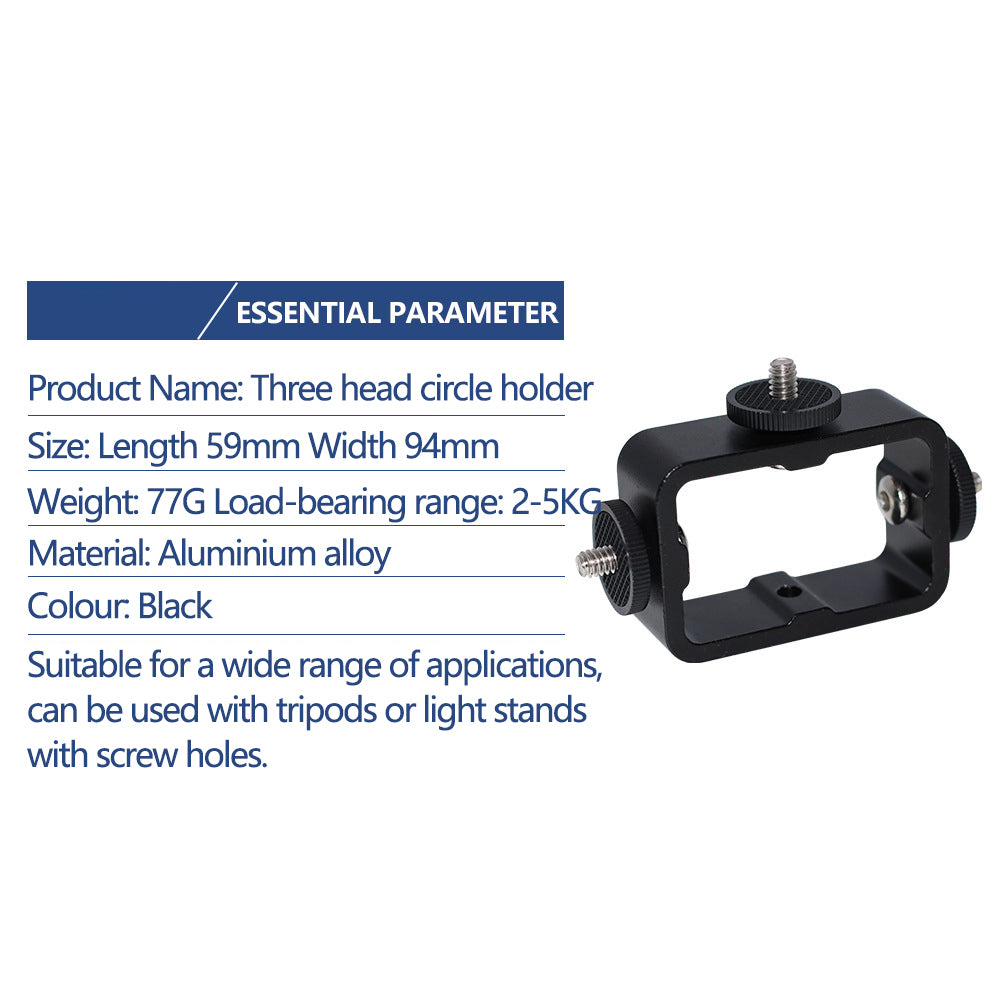 E038 3-Head Cell Phone Mount Adapter Aluminum Alloy Light Action Camera Holder for Tripod, Live Streaming Photography Accessories