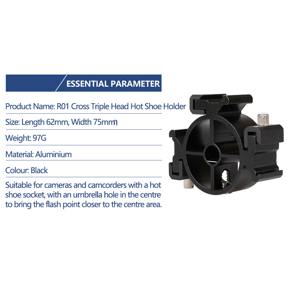 E042 R01 3-Head Hot Shoe Bracket for DSLR Camera Flash Hot Shoe Mount Holder with Umbrella Hole