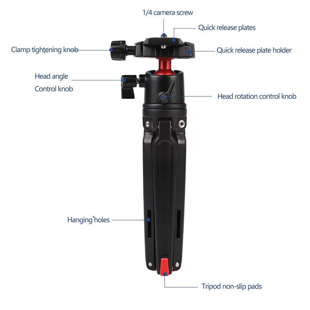 A006 Mini Portable Aluminum Alloy SLR Camera Stand 3 / 8 to 1 / 4 Screw Gimbal Tripod