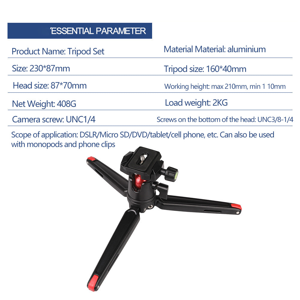 A006 Mini Portable Aluminum Alloy SLR Camera Stand 3 / 8 to 1 / 4 Screw Gimbal Tripod
