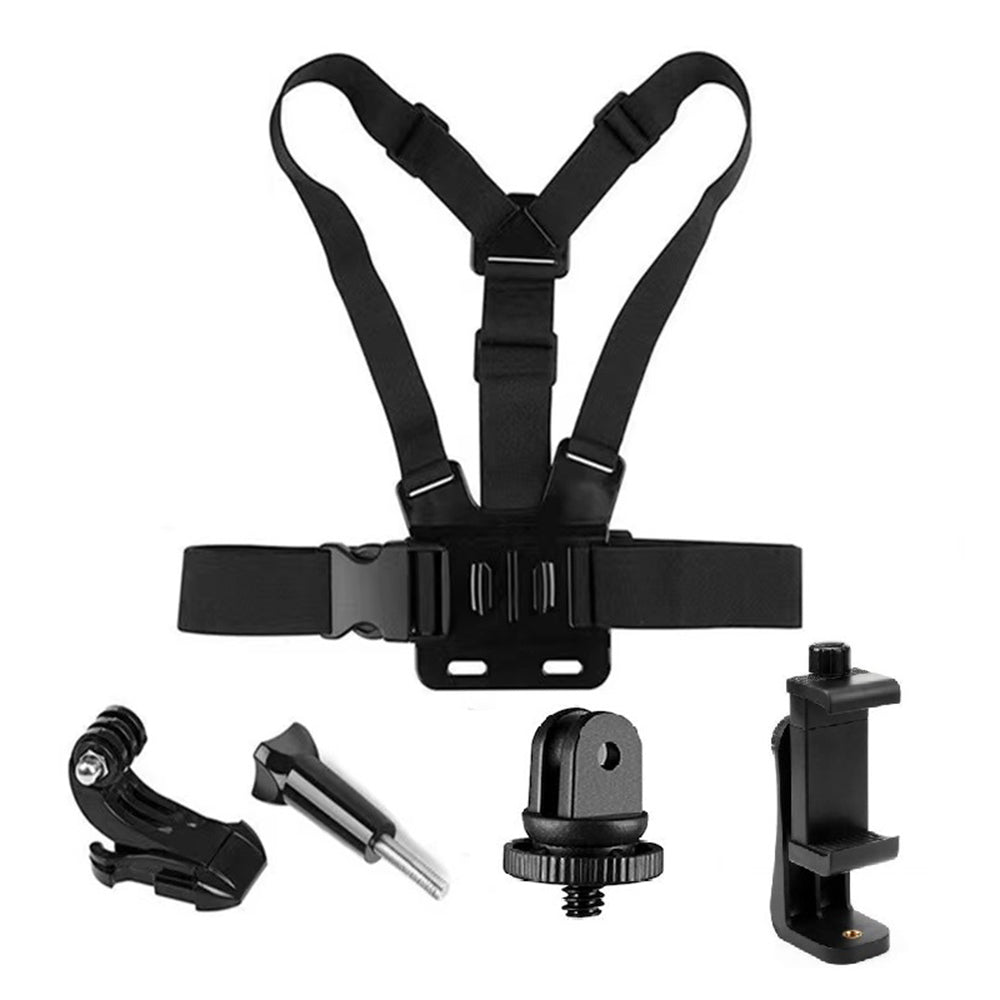 Chest Strap for GoPro Hero Action Camera 5-in-1 Chest Mount Harness Kit with Small Hole 1 / 4inch Converter, J-hook Base, Phone Clip