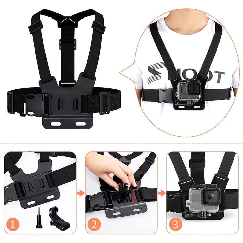 Chest Strap for GoPro Hero Action Camera 5-in-1 Chest Mount Harness Kit with Small Hole 1 / 4inch Converter, J-hook Base, Phone Clip