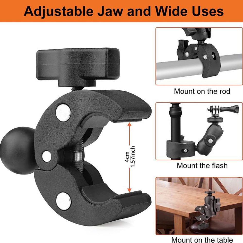 1403 6cm Camera Clamp Mount Multi-Function Monitor Holder 360-Degree Ball Head with 1 / 4inch Adapter for DSLR Camera, Phone Clip