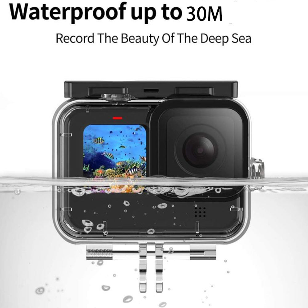 30m Underwater IP68 Waterproof Case for GoPro Hero 11 / 10 / 9 Silicone Cover Storage Bag Tempered Glass Film Set