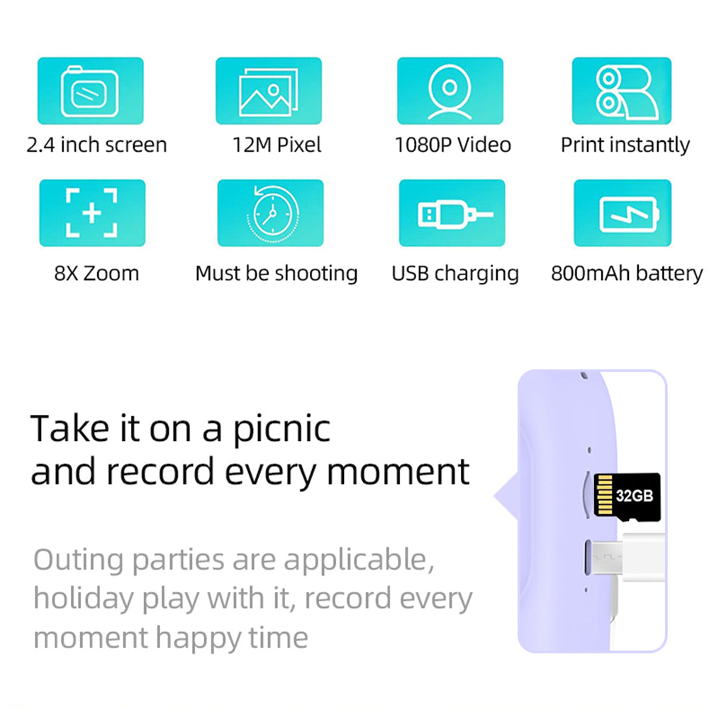 P2 2.4-inch HD Dual-Lens Camera Photo / Video Instant Camera Multifunction Children Printer Camera (with 32G Memory Card + Card Reader) - Blue