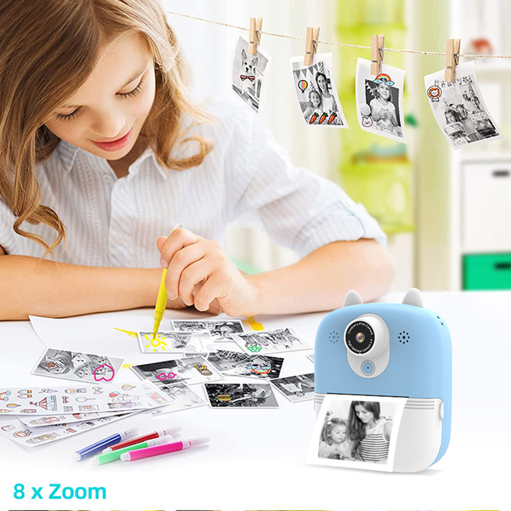 P2 2.4-inch HD Dual-Lens Camera Photo / Video Instant Camera Multifunction Children Printer Camera (with 32G Memory Card + Card Reader) - Blue