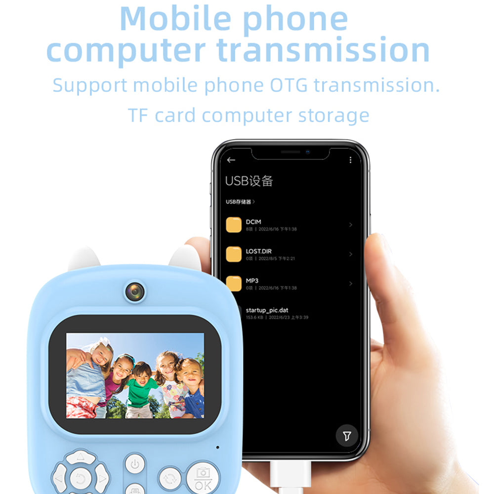 P2 2.4-inch HD Dual-Lens Camera Photo / Video Instant Camera Multifunction Children Printer Camera (with 32G Memory Card + Card Reader) - Blue