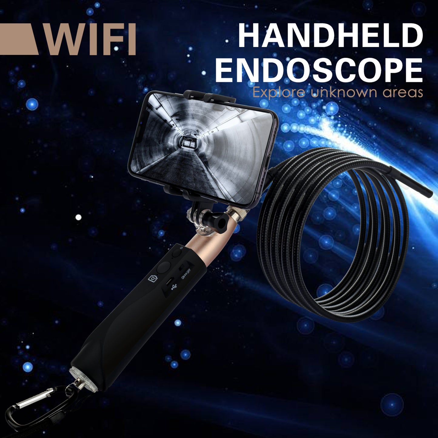 F110-HD 1M WiFi Handle Endoscope 1200P Snake Camera IP67 Waterproof Integrated Industrial Endoscope - Gold