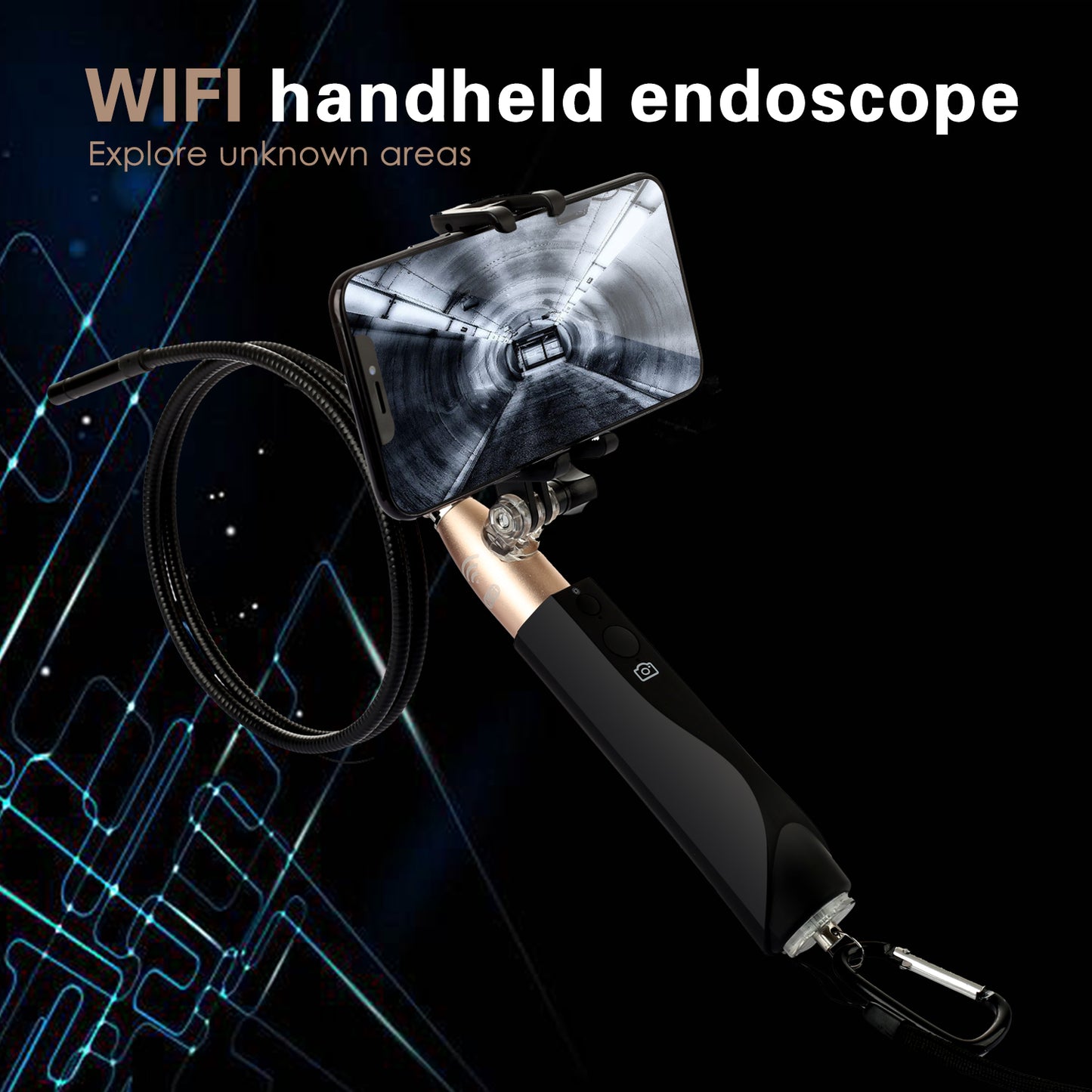 F110-HD 1M WiFi Handle Endoscope 1200P Snake Camera IP67 Waterproof Integrated Industrial Endoscope - Gold