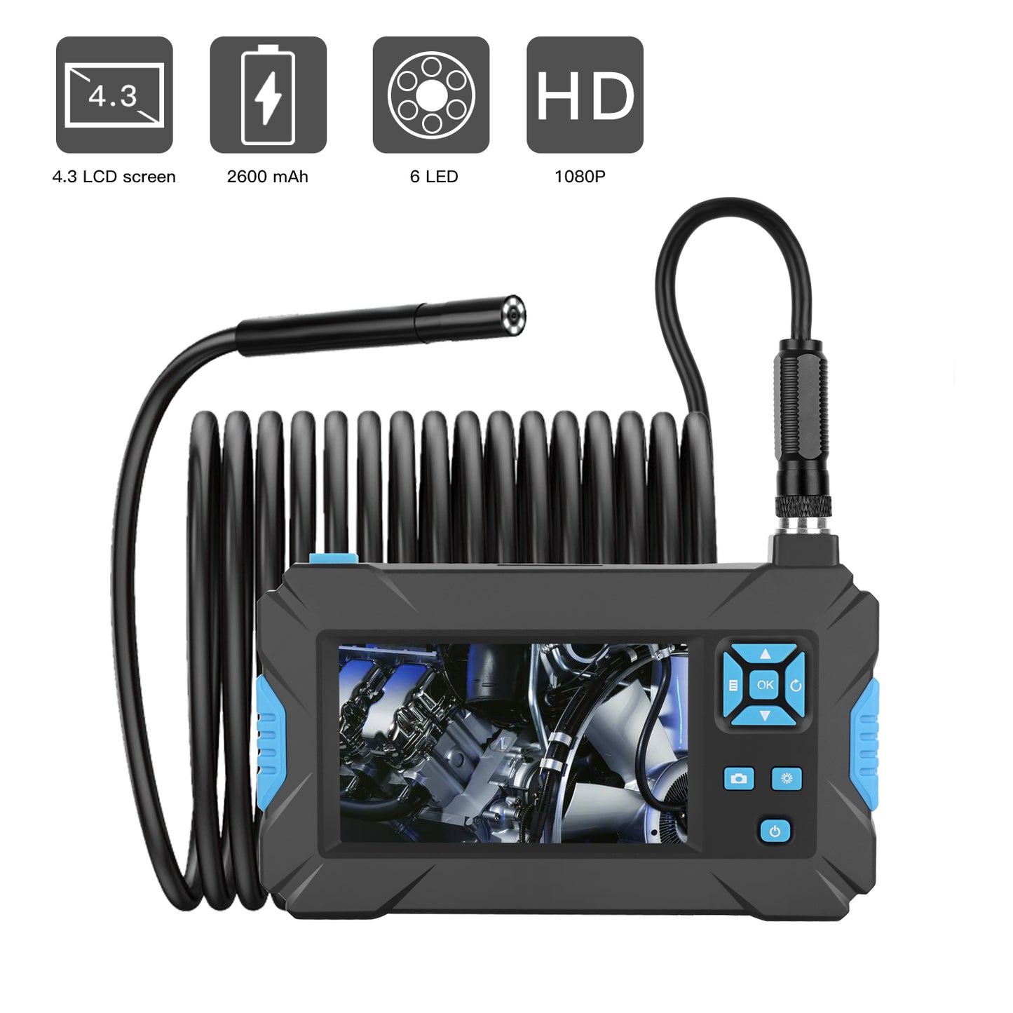 P30 Industrial Endoscope 5.5mm Handheld Borescope 8 LEDs 4.3inch 1080P HD Video Car Inspection Camera with 5M Semi-Rigid Cable - Blue
