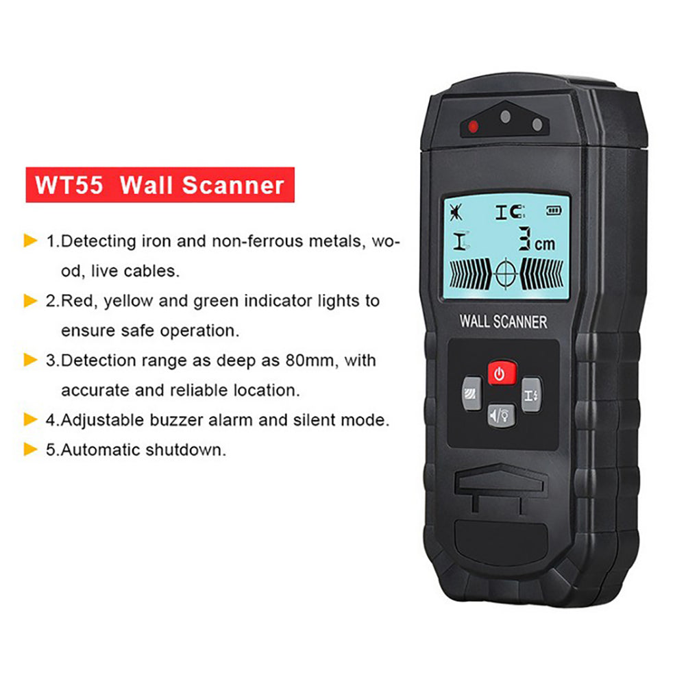 WT55 Digital Wall Scanner Handheld Multifunction Wall Detector Iron Metal Wood Wire Galvanized Pipe Finder