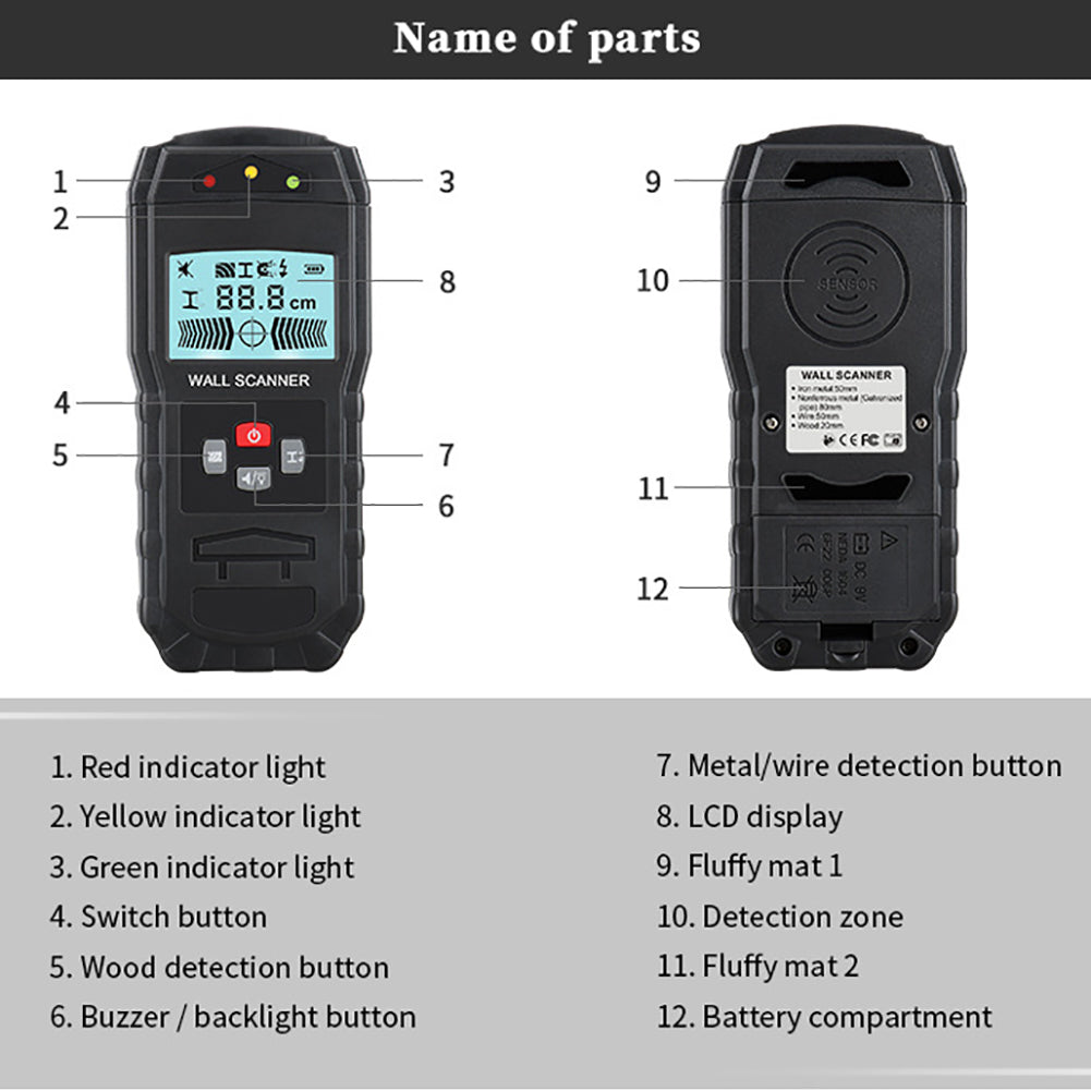 WT55 Digital Wall Scanner Handheld Multifunction Wall Detector Iron Metal Wood Wire Galvanized Pipe Finder