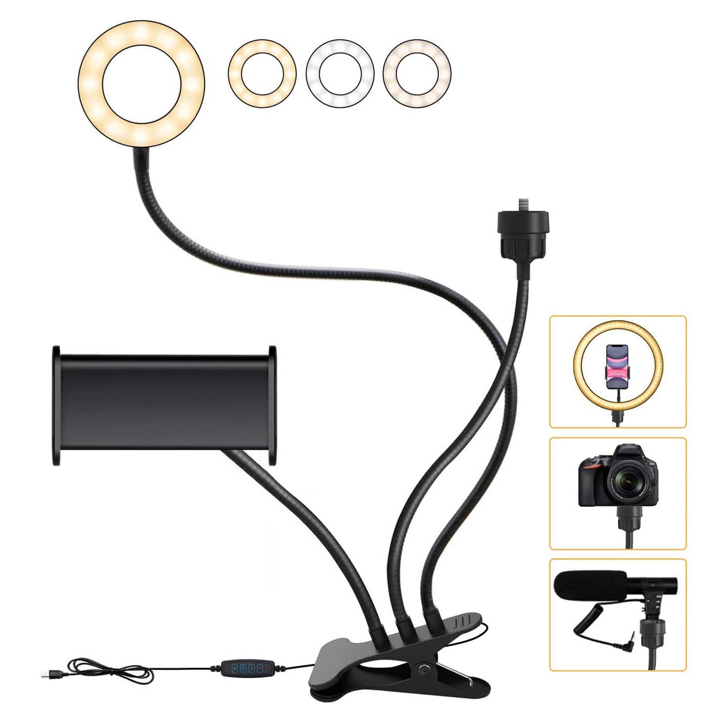 3-in-1 3.5inch Selfie Ring Light+Phone Holder+Webcam Stand with Flexible Gooseneck Arm for Video Conference YouTube Live Streaming Online Meeting Vlogging