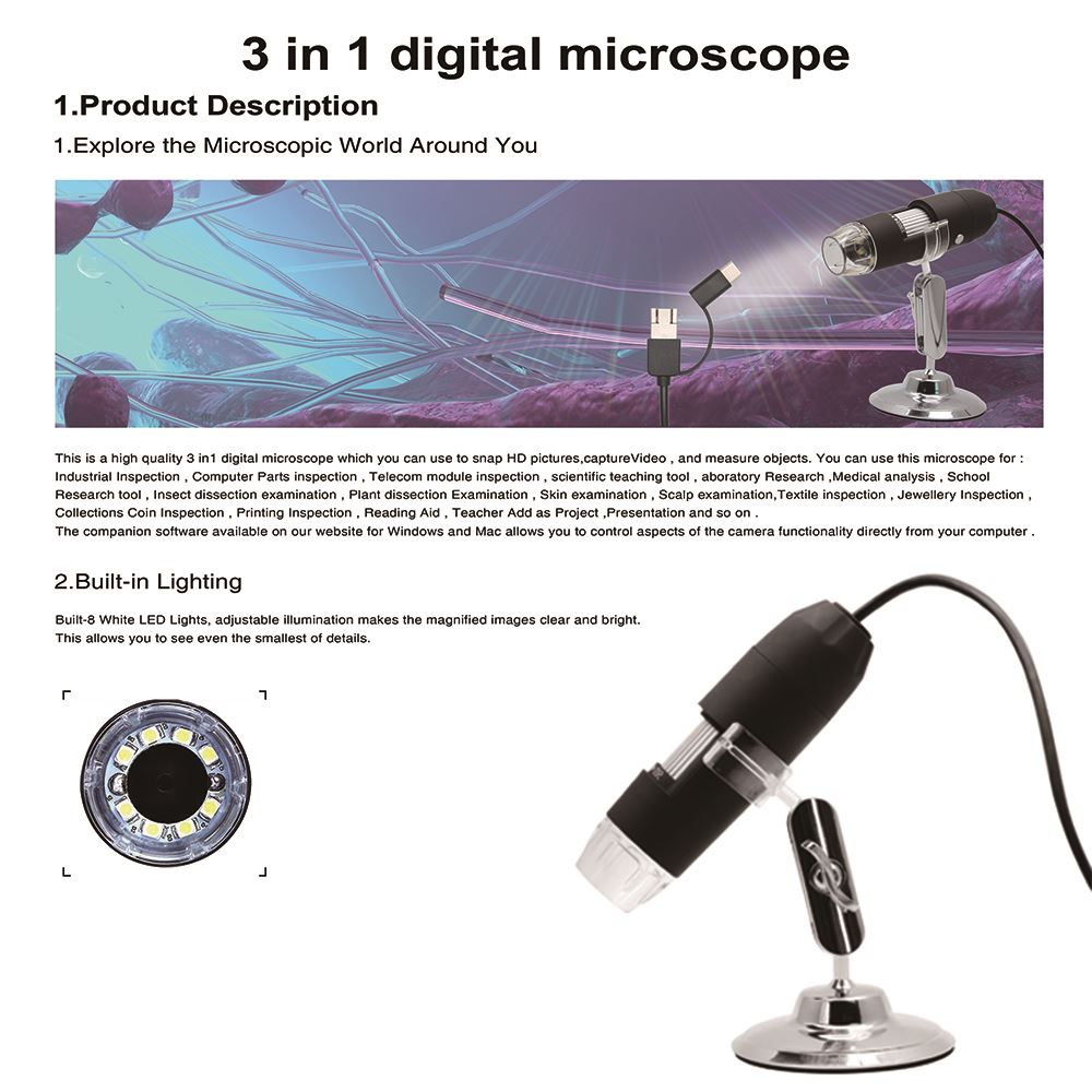 1000X 8LED USB Digital Microscope Endoscope Camera Inspection for Mobile Phone Repairing Hair Skin