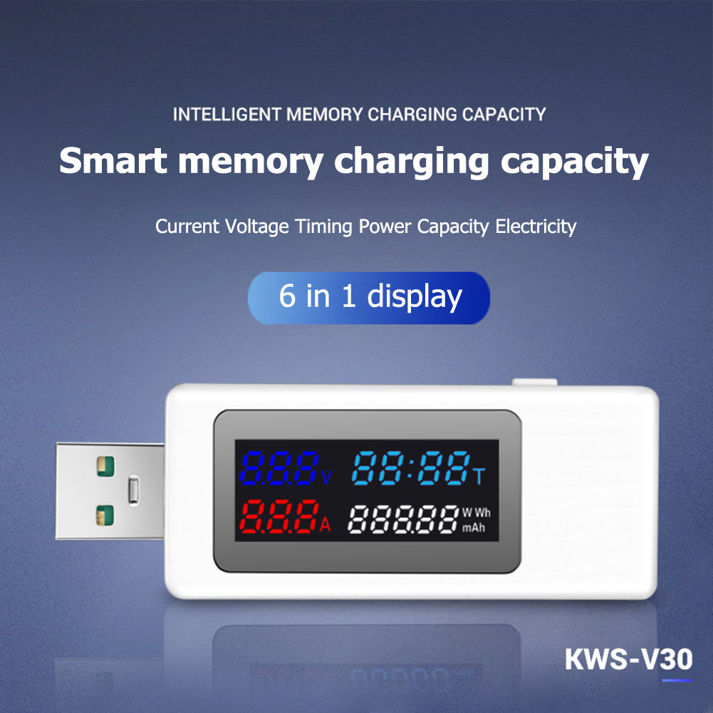 KWS-V30 6-in-1 USB Tester IPS Display DC Digital Voltage Power Timing Capacity Meter Detector - White