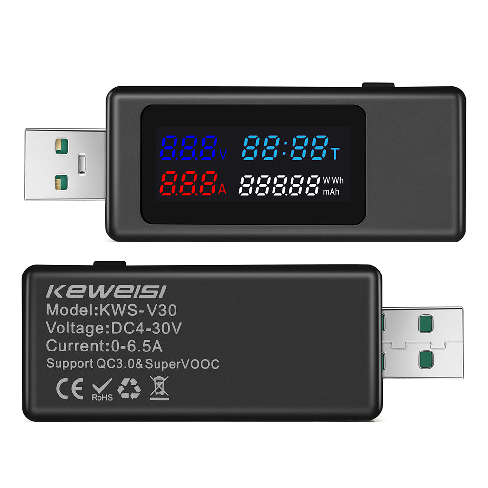 KWS-V30 6-in-1 USB Tester IPS Display DC Digital Voltage Power Timing Capacity Meter Detector - Black