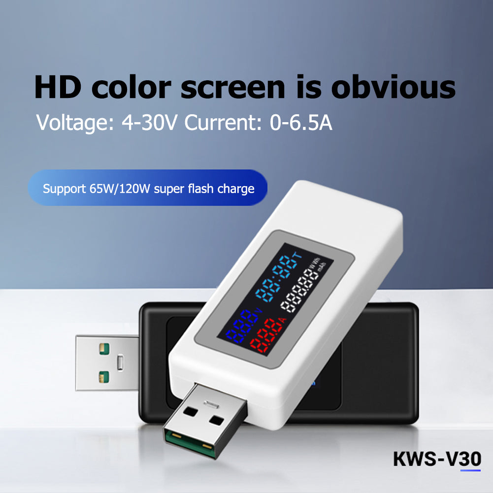 KWS-V30 6-in-1 USB Tester IPS Display DC Digital Voltage Power Timing Capacity Meter Detector - Black