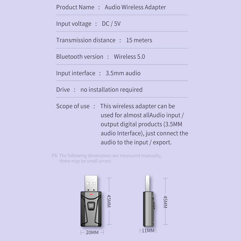 T18 USB Bluetooth 5.0 Audio Receiver Transmitter 4 in 1 Mini 3.5mm Jack AUX RCA Stereo Music Wireless Adapter for TV Car