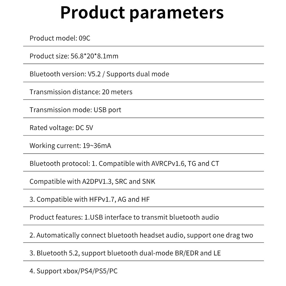 BT-09C USB Plug and Play Bluetooth 5.2 Adapter Wireless Audio Transmitter for Nintendo Switch/PS4/PS5