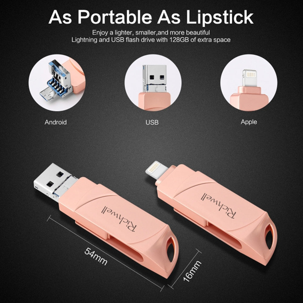 Uniqkart DN-PG31 128GB External Storage Memory Stick Flash Drive 3 in 1 Lightning/Micro/USB Swivel U Disk - Silver