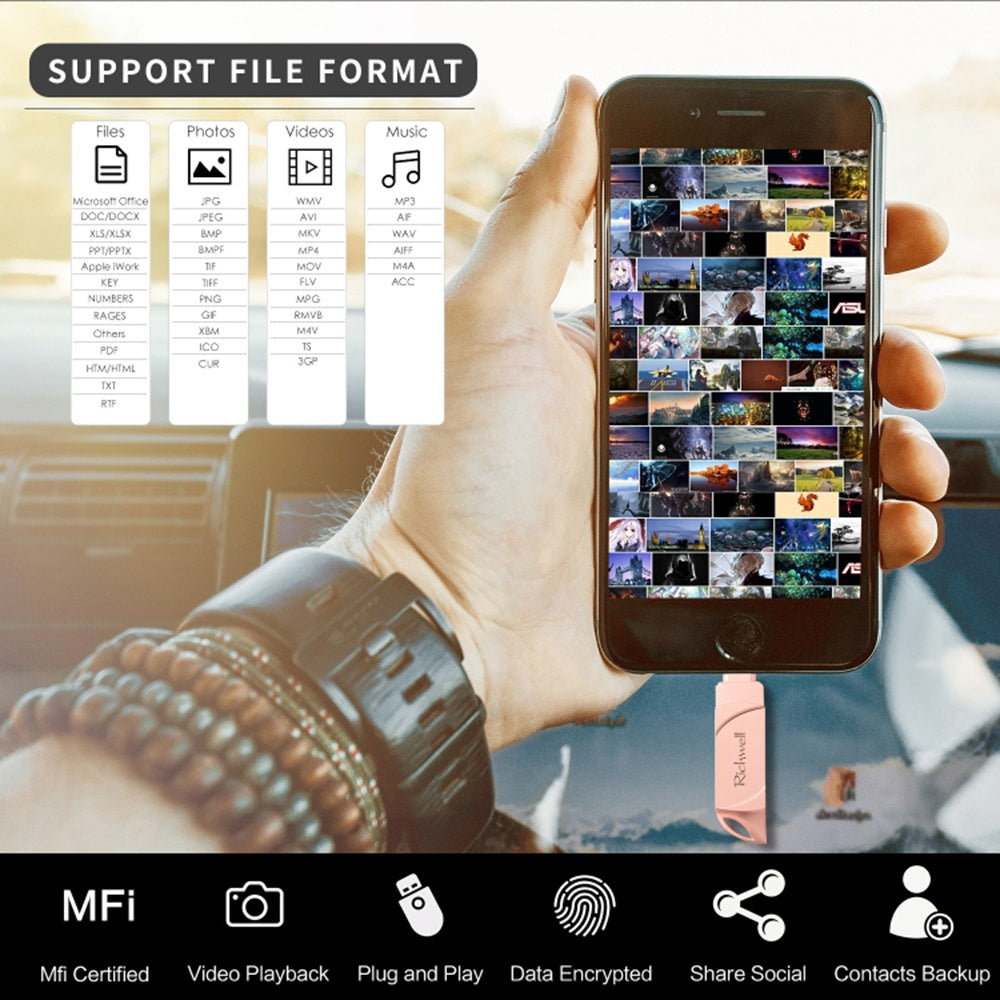 Uniqkart DN-PG31 64GB Portable Memory Stick Flash Drive 3 in 1 Lightning/Micro/USB Swivel U Disk - Black