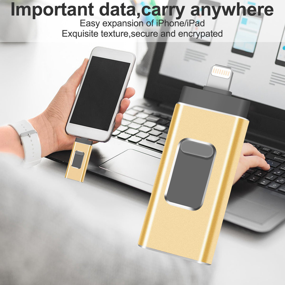 Uniqkart R-01B 32GB USB Memory Stick for iPhone Android PC, Portable USB 3.0 Flash Drive Thumb Drive Photo Stick - Gold