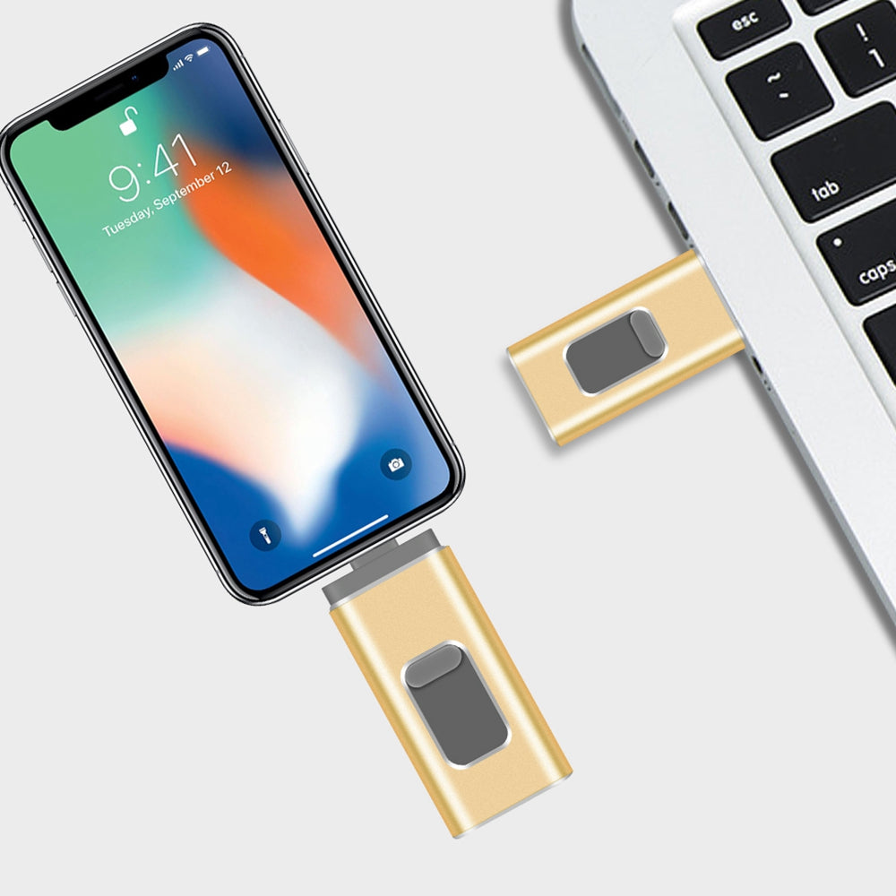 RICHWELL R-01B 16GB 3 in 1 Photo Stick for iPhone Android PC, Plug and Play USB 3.0 Flash Drive Memory Stick - Gold