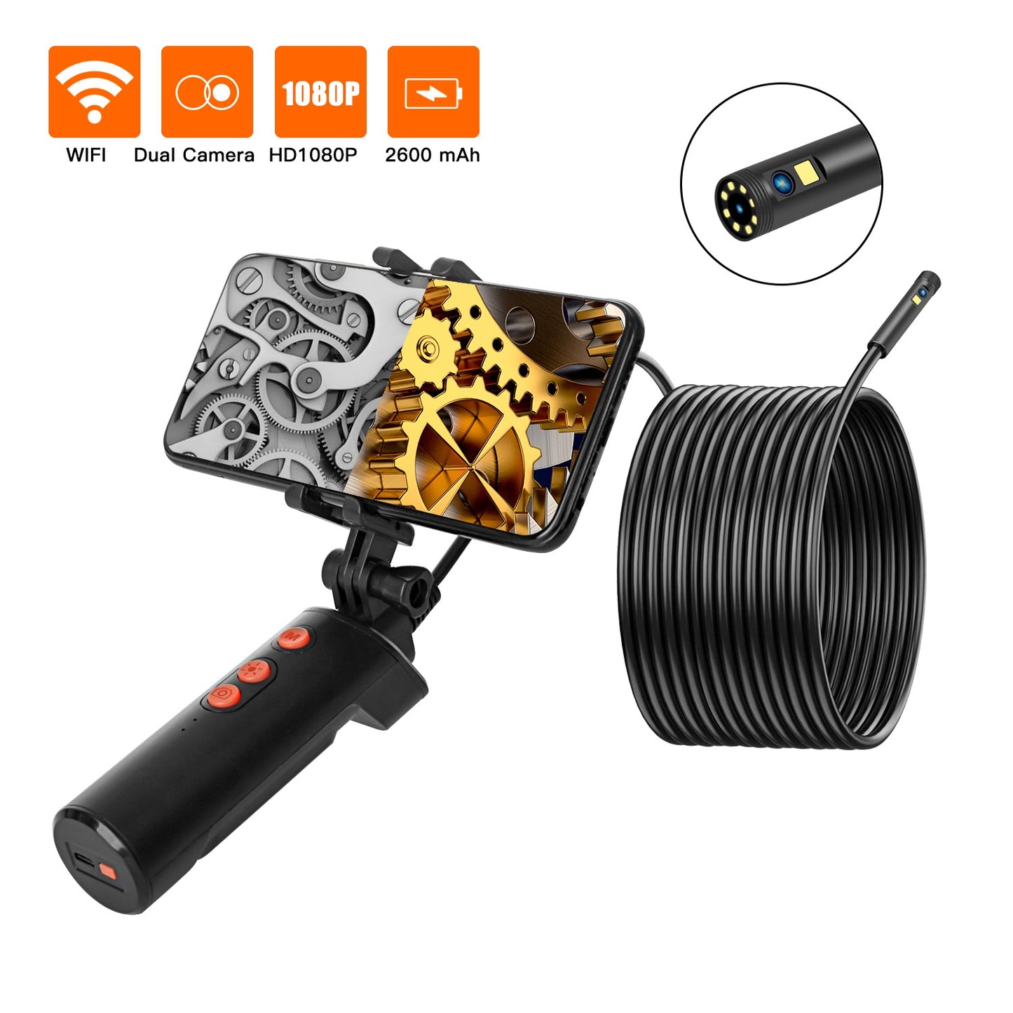 F280 2m Hard Wire 8mm Dual Lens WiFi Industrial Endoscope Dimmable 9-LED Hand-held Waterproof Sewer Pipe Inspection Camera