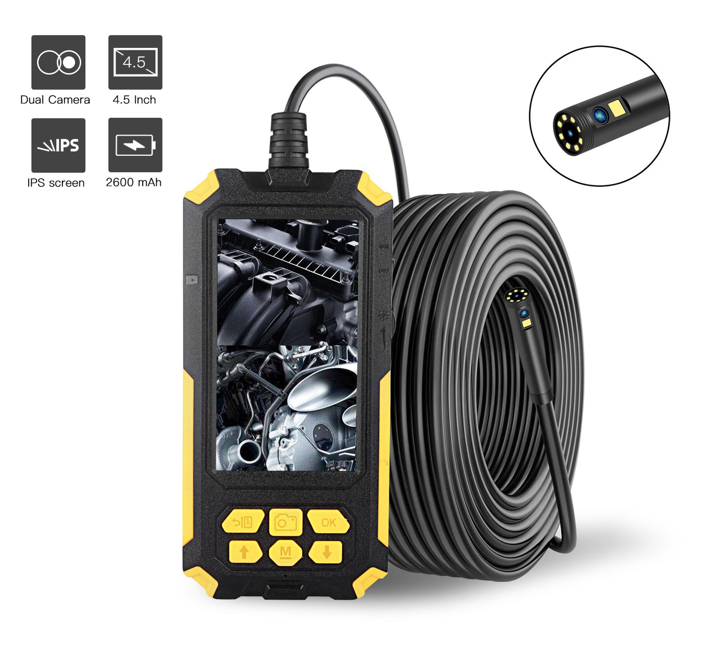 P50 5m Hard Wire 8mm Dual Lens Industrial Endoscope 4.5 inch Screen Portable Waterproof HD Borescope Pipe Inspection Camera