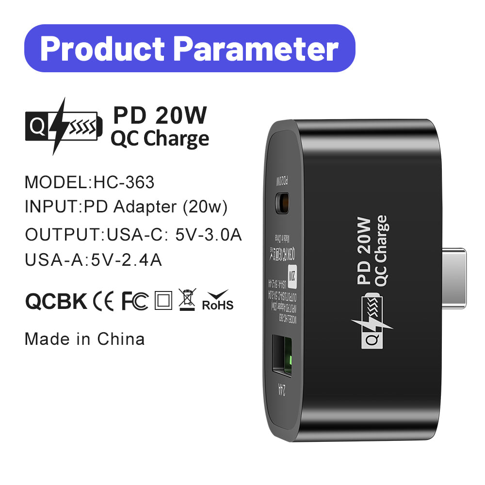 Type-C to Type-C + USB-A Splitter Dual Port Extender PD 20W Fast Charging Adapter, Square - White