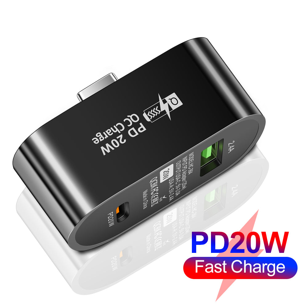 Plug and Play Type-C to Type-C + USB-A Splitter Dual Port Extender PD 20W Fast Charging Adapter, Oval - Black