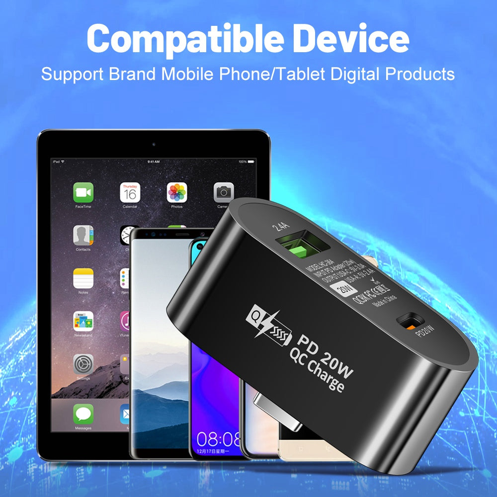 Plug and Play Type-C to Type-C + USB-A Splitter Dual Port Extender PD 20W Fast Charging Adapter, Oval - Black