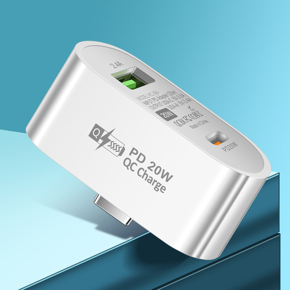 Plug and Play Type-C to Type-C + USB-A Splitter Dual Port Extender PD 20W Fast Charging Adapter, Oval - White