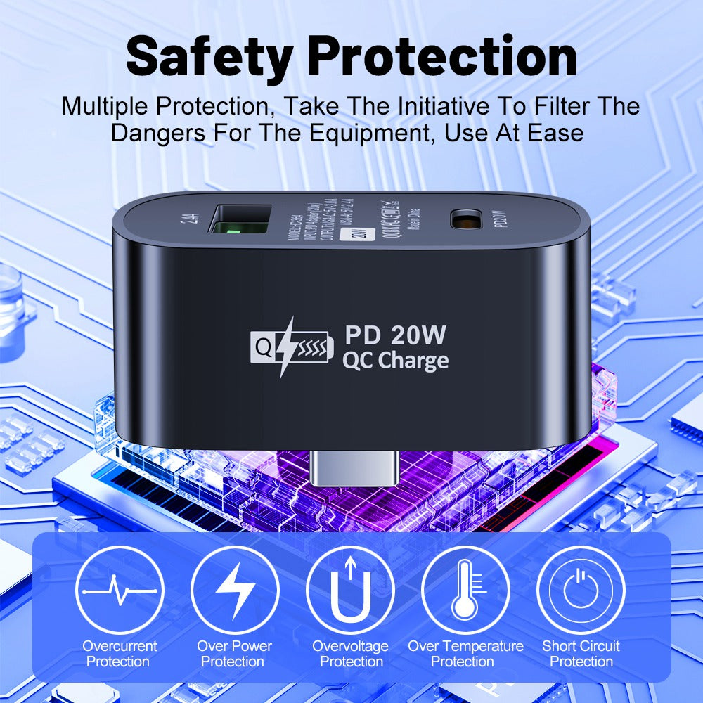 Plug and Play Type-C to Type-C + USB-A Splitter Dual Port Extender PD 20W Fast Charging Adapter, Oval - White