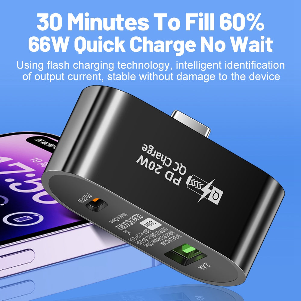 Plug and Play Type-C to Type-C + USB-A Splitter Dual Port Extender PD 20W Fast Charging Adapter, Oval - White