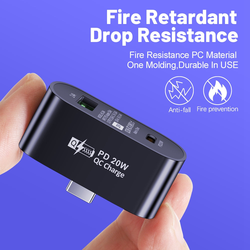 Plug and Play Type-C to Type-C + USB-A Splitter Dual Port Extender PD 20W Fast Charging Adapter, Oval - White