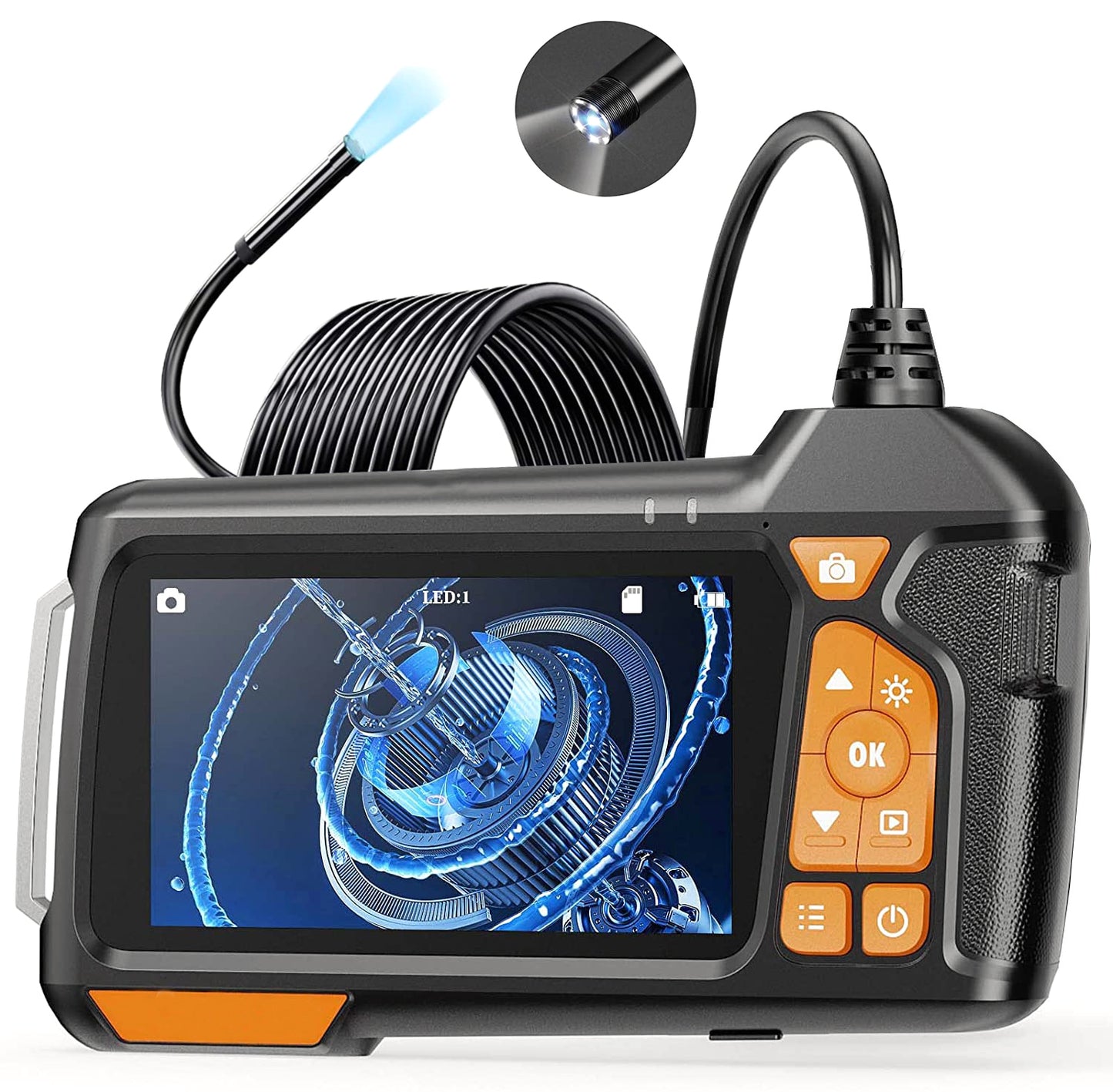 M40 5m Hard Wire 8-LED Endoscope Inspection Industrial Borescope with 4.5inch Display Screen and 8mm Single Camera Lens - Black / Orange