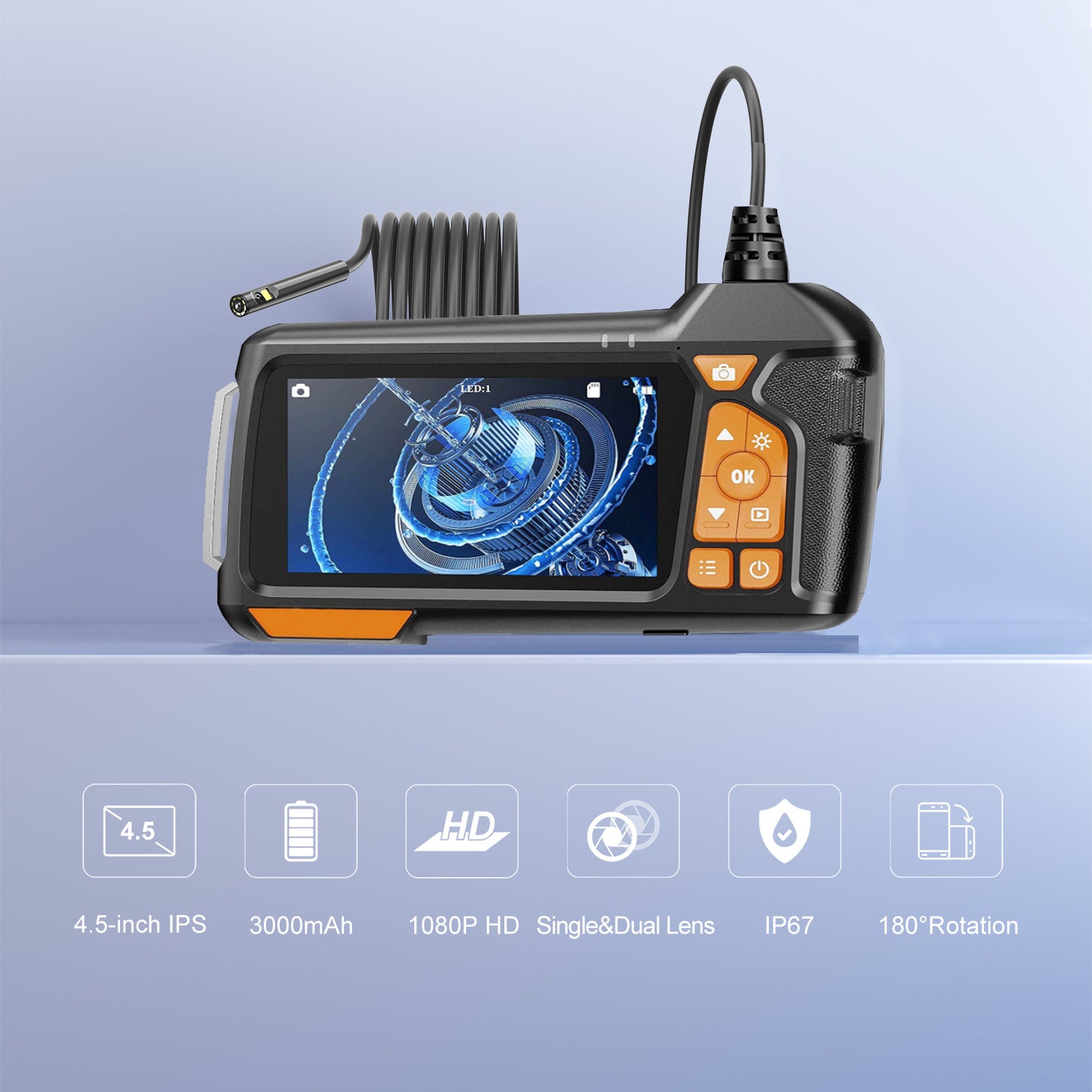 M40 5m Hard Wire 4.5" IPS Screen Industrial Borescope 8mm 7-LED Dual-lens Endoscope Camera - Black+Orange
