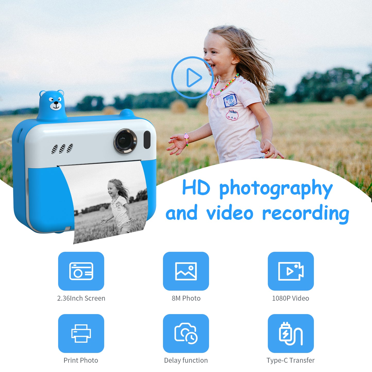 IPS 2.36" HD Display Children Camera Thermal Printing Photo Cartoon Camera Toy Dual Lens Camera Printer - Sky Blue
