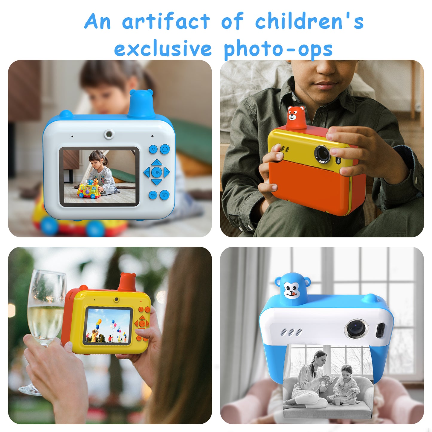 IPS 2.36" HD Display Children Camera Thermal Printing Photo Cartoon Camera Toy Dual Lens Camera Printer - Sky Blue
