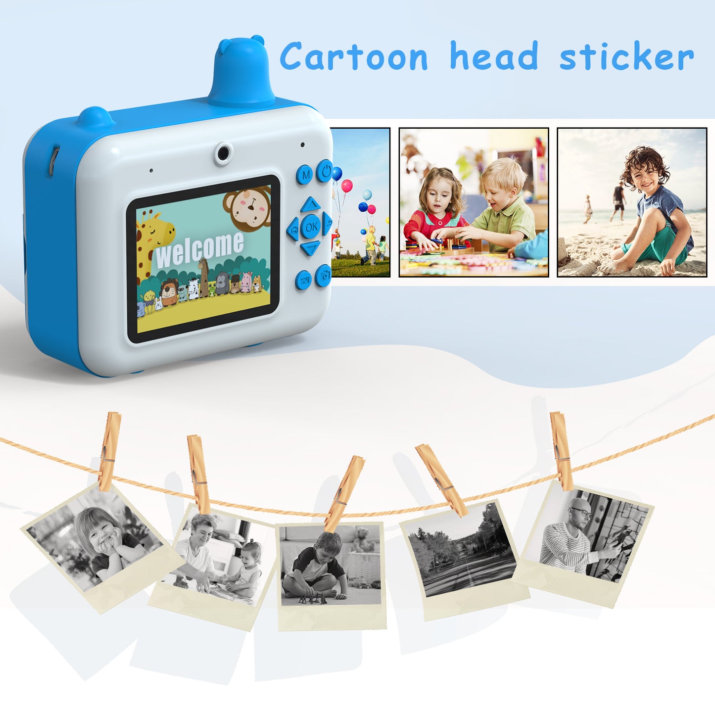 IPS 2.36" HD Display Children Camera Thermal Printing Photo Cartoon Camera Toy Dual Lens Camera Printer - Sky Blue