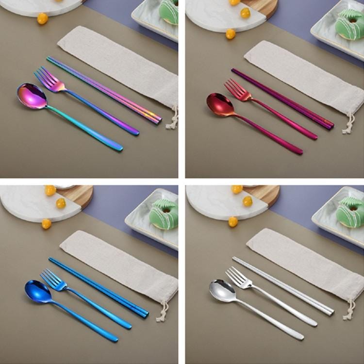 3 PCS / Set Creative Stainless Steel Spoon Fork Chopsticks Portable Tableware Set, Color:Colorful